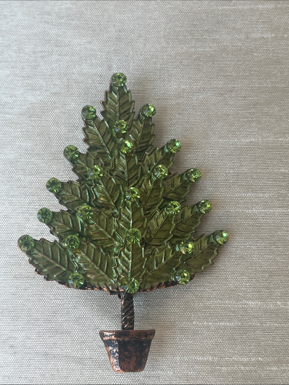 Vintage Green Leaf Christmas Tree Brooch Pin Rhinestone Potted Holiday Jewellery